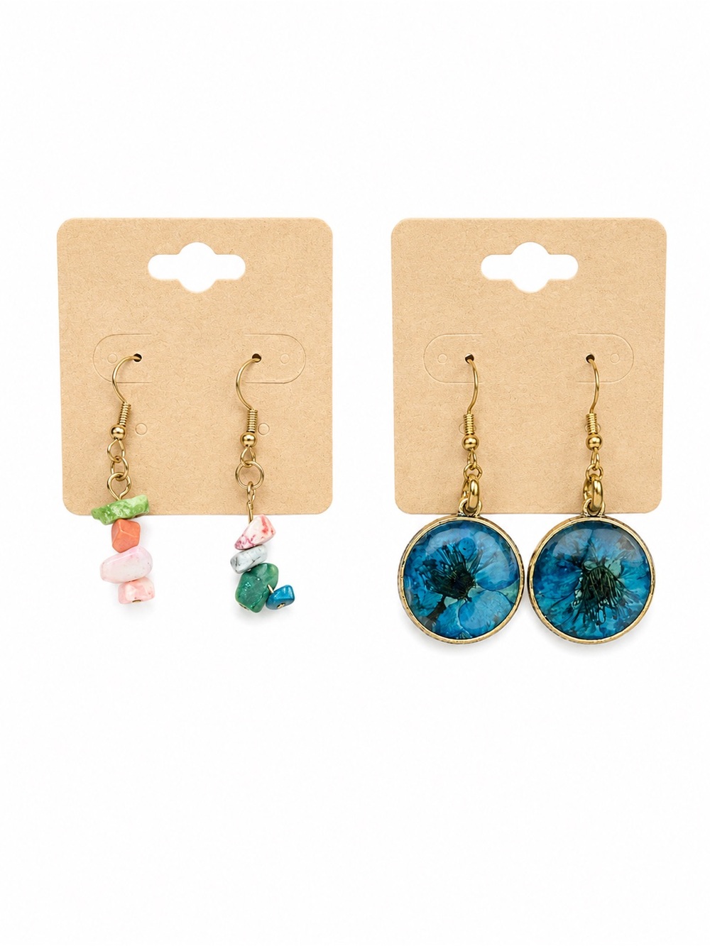 Hand Made Multi-Color Gemstone and Blue Floral Epoxy Resin Dangle Earring Set